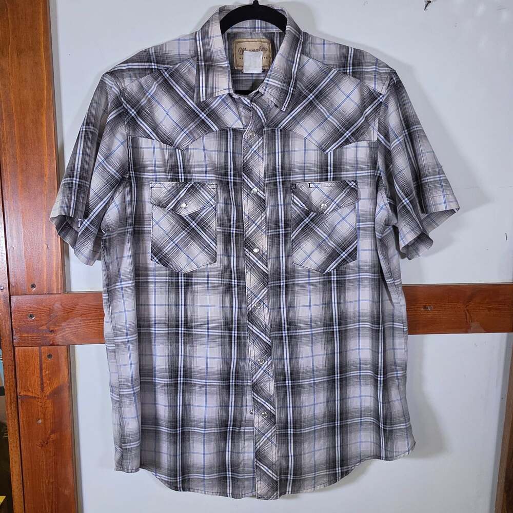 Vintage Wrangler Pearl Snap Shirt Men's Sz 2XL. Short Sleeve, Gray & White Plaid